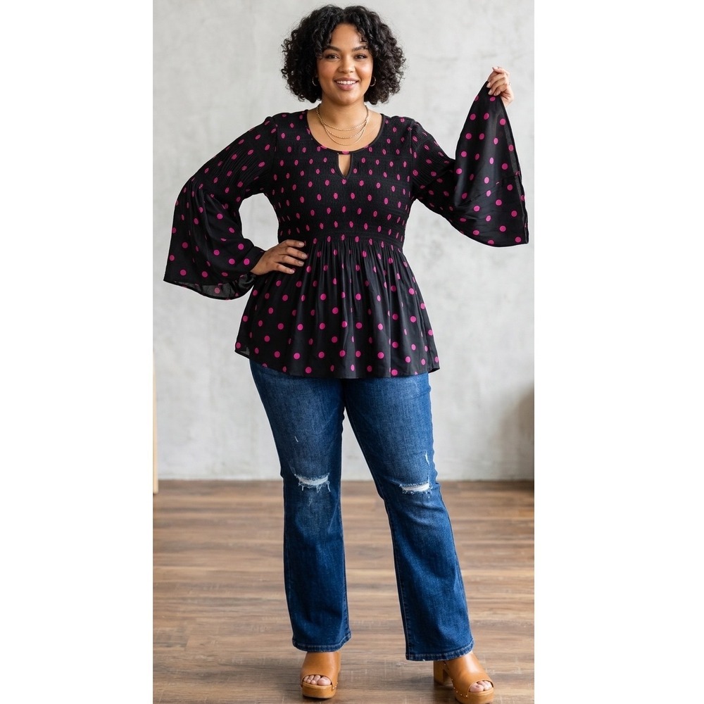 Floral & Ivy Woman Boho Pink Polka Dot Smocked Bell Sleeve Tunic Top Retro 2X